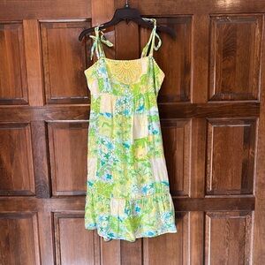 Lilly Pulitzer Dress Womens Yellow Floral Tie Straps Crochet Linen Size 4
